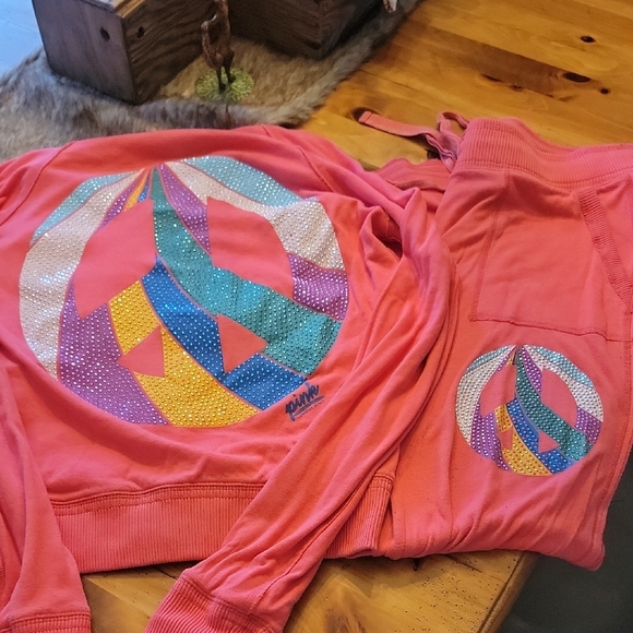 Pink Peace Sign Hoodie and Sweatpants Set  BLING Y2K - Picture 1 of 6